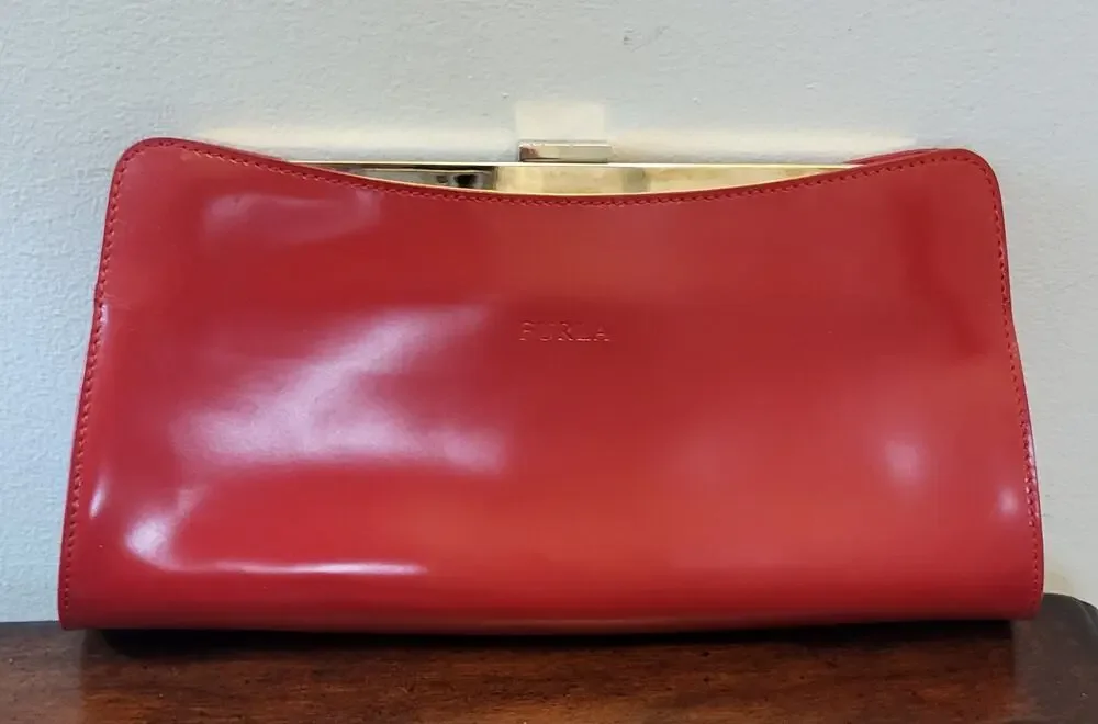 FURLA Red Clutch Luxury Bag with Metal Strap